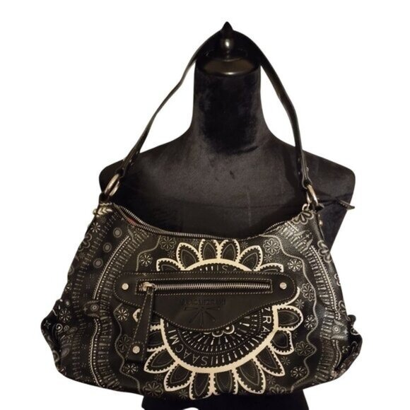 Isaac Mizrahi Black & White Floral Leather Hobo Bag with Zipper Closure-LIKE NEW - Picture 1 of 4